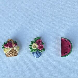 Vintage Button Covers Set of 3 Hand Painted Ceramic Basket Flower Watermelon